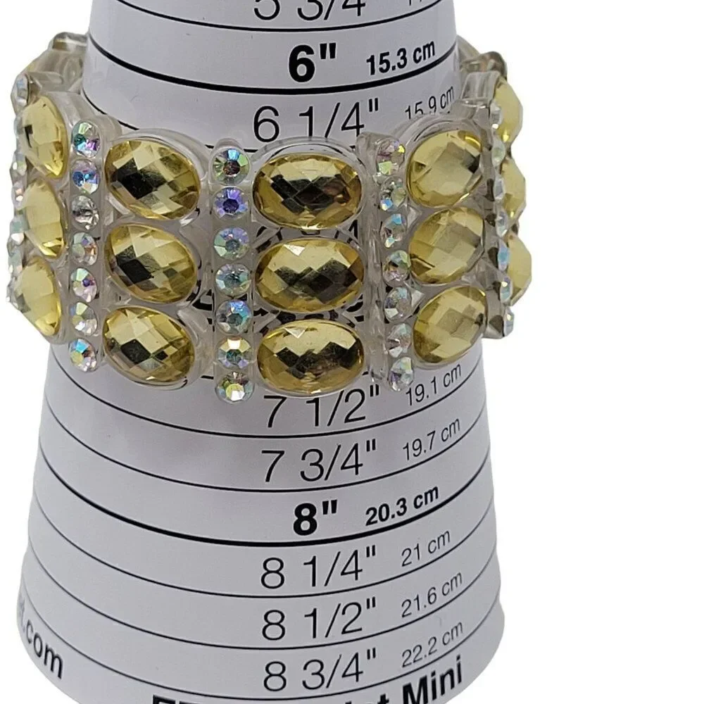 Wide Chunky Stretch Bracelet Faux Yellow Citrine‎ AB Rhinestone Plastic Glam